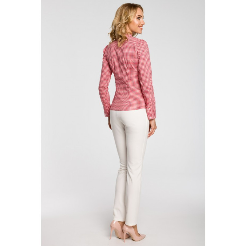 M089 Oryginalna koszula w kratkę z kokardą i długim rękawem - czerwona