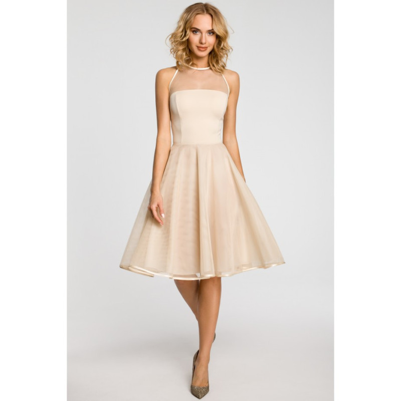M148 Wieczorowa sukienka z dopasowaną górą - beżowa