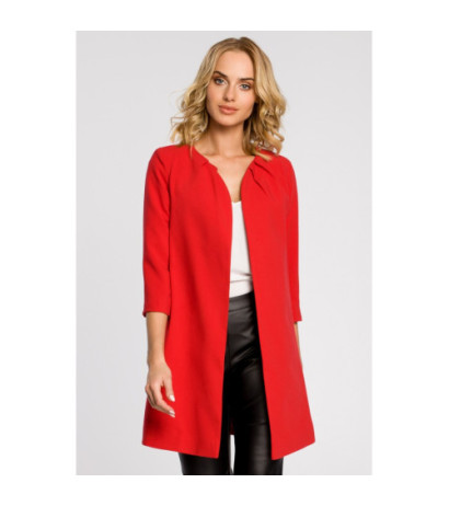M193 Prosty niezapinany żakiet damski midi - czerwony