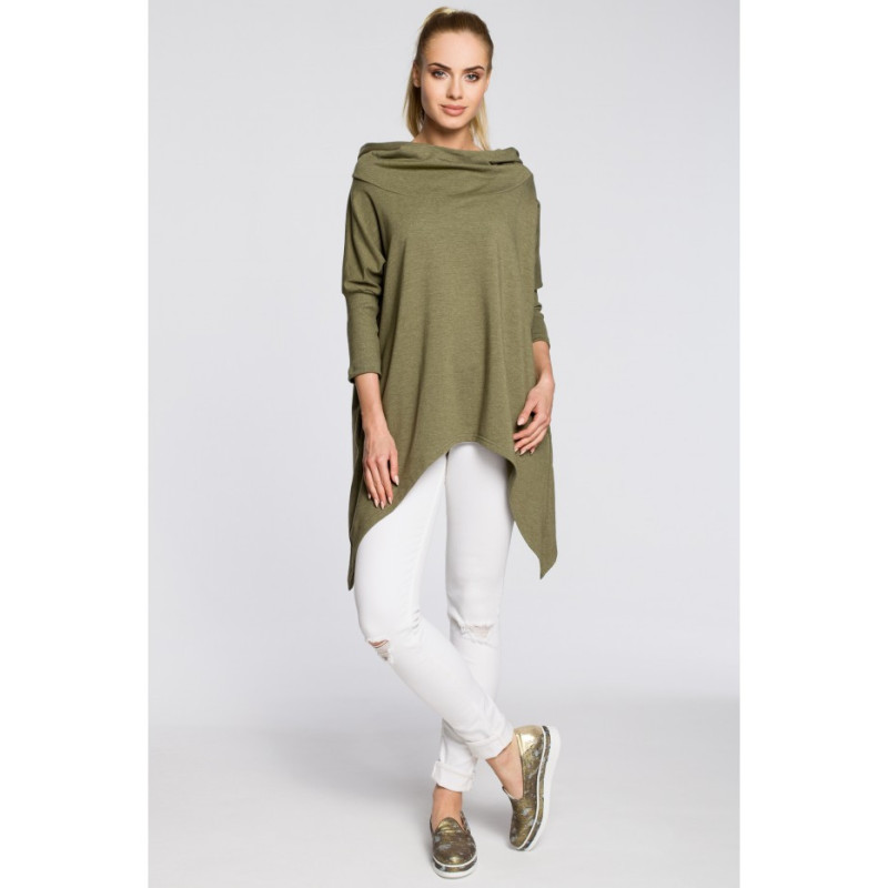 M207 Asymetryczna peleryna damska z kapturem - khaki