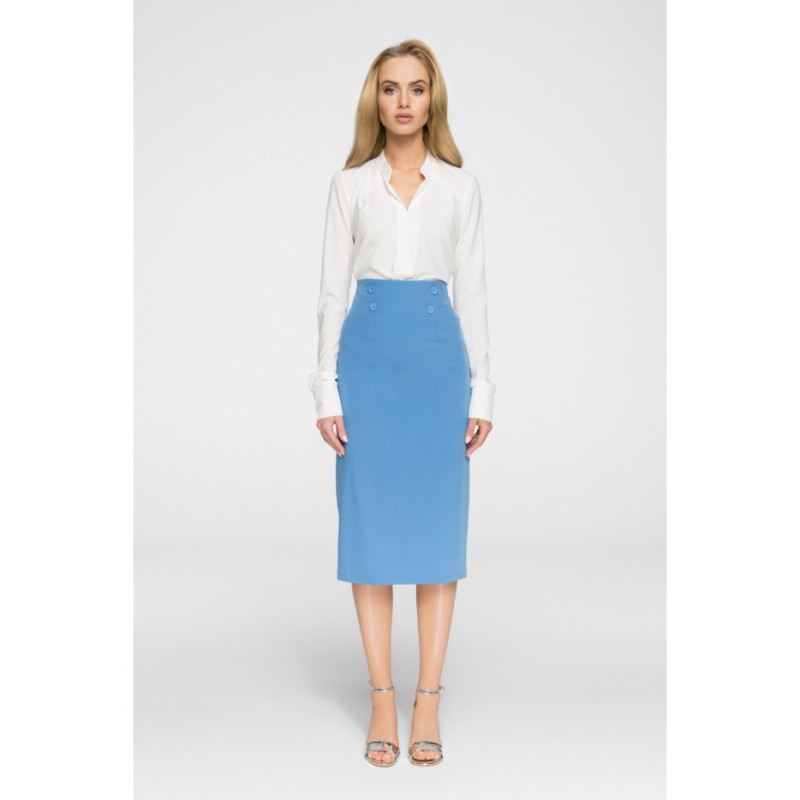 S065 Elegancka ołówkowa spódniczka midi - niebieska