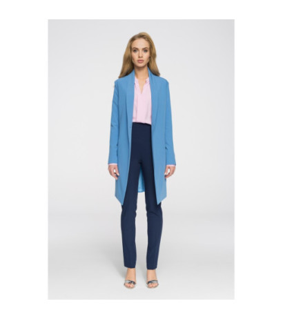 S071 Długi niezapinany blezer damski - niebieski