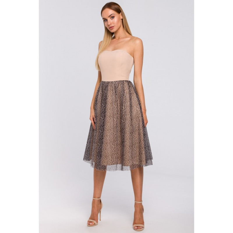 M482 Sukienka gorsetowa z tiulem w panterkę - beżowa