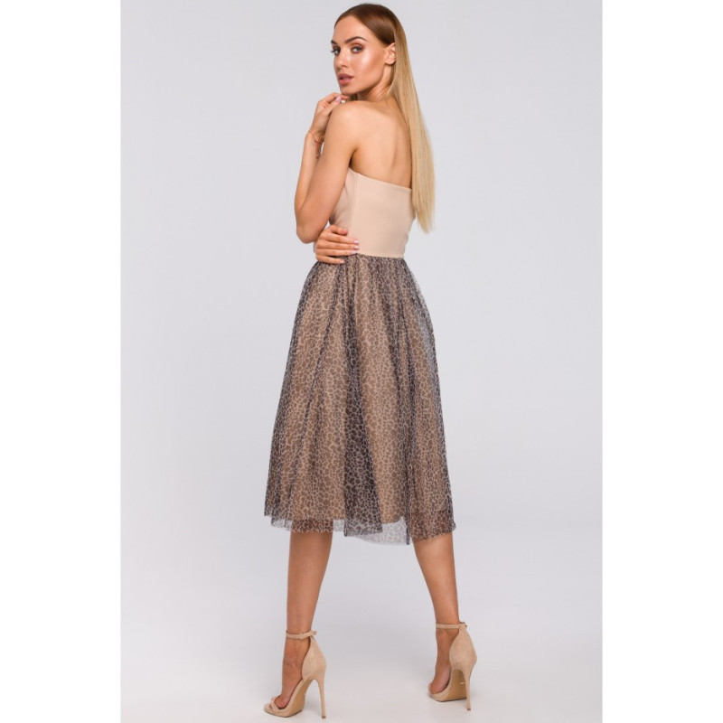 M482 Sukienka gorsetowa z tiulem w panterkę - beżowa