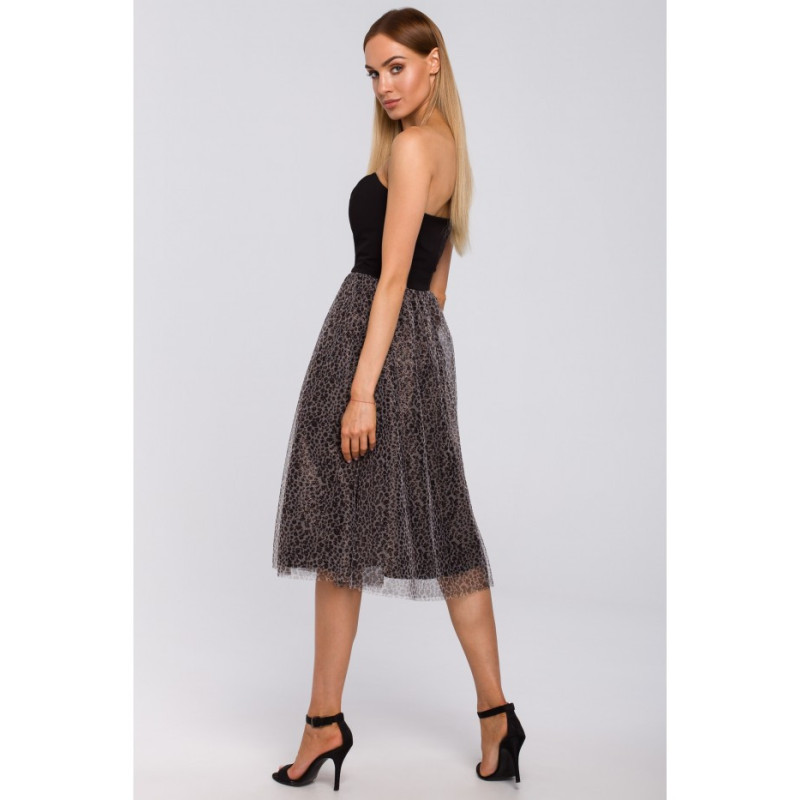 M482 Sukienka gorsetowa z tiulem w panterkę - czarna