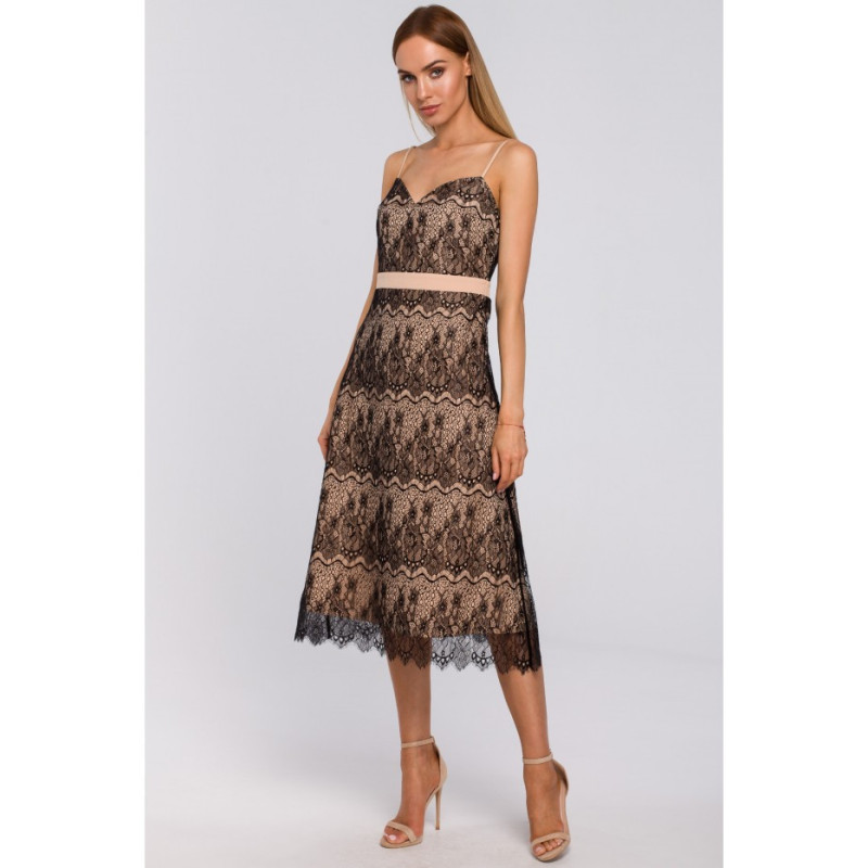 M483 Sukienka na ramiączkach z ręcznie ciętej koronki - beżowa