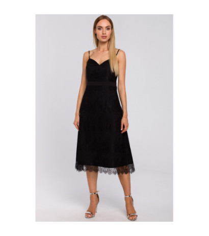 M483 Sukienka na ramiączkach z ręcznie ciętej koronki - czarna