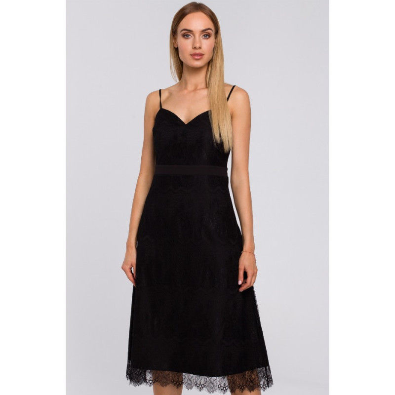 M483 Sukienka na ramiączkach z ręcznie ciętej koronki - czarna