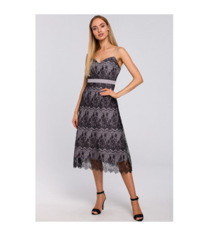 M483 Sukienka na ramiączkach z ręcznie ciętej koronki - szara