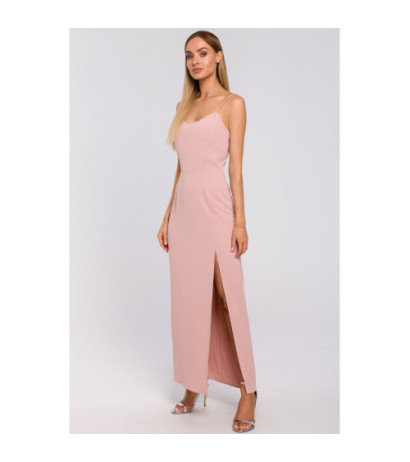 M485 Sukienka maxi na cienkich ramiączkach - pudrowa