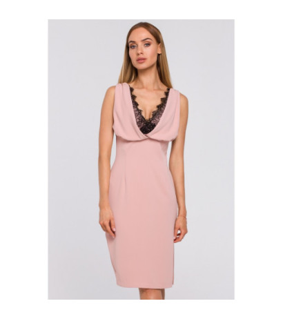 M486 Sukienka z koronkową wstawką w dekolcie - pudrowa