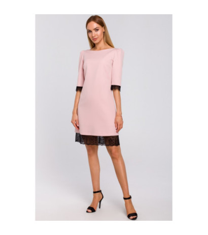 M489 Sukienka z dekoltem na plecach i koronką - pudrowa