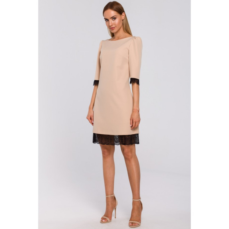 M489 Sukienka z dekoltem na plecach i koronką - beżowa