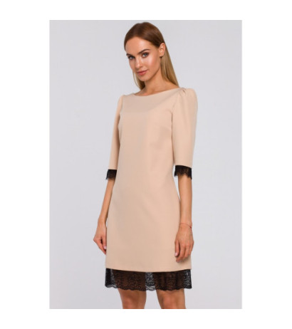 M489 Sukienka z dekoltem na plecach i koronką - beżowa