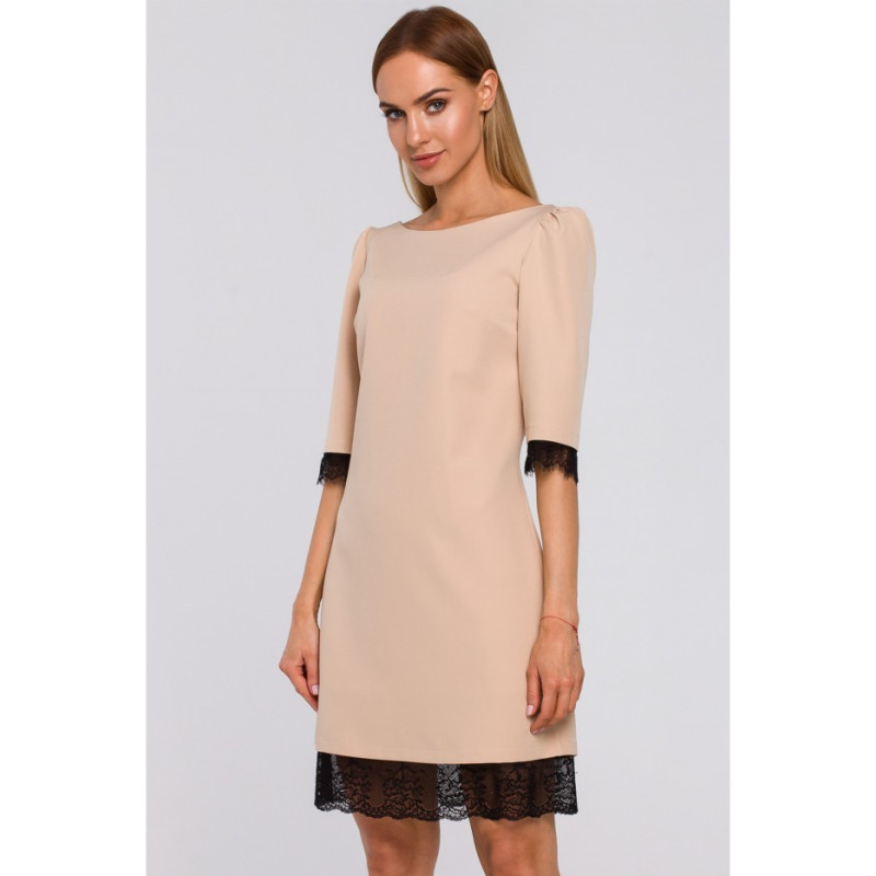 M489 Sukienka z dekoltem na plecach i koronką - beżowa