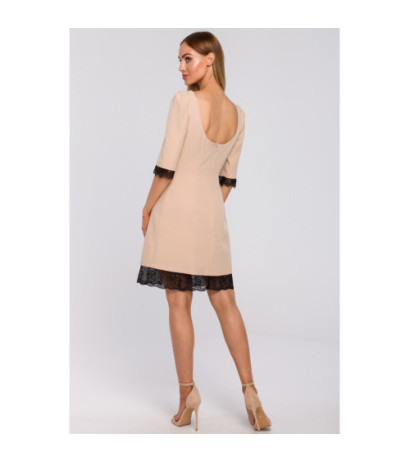 M489 Sukienka z dekoltem na plecach i koronką - beżowa