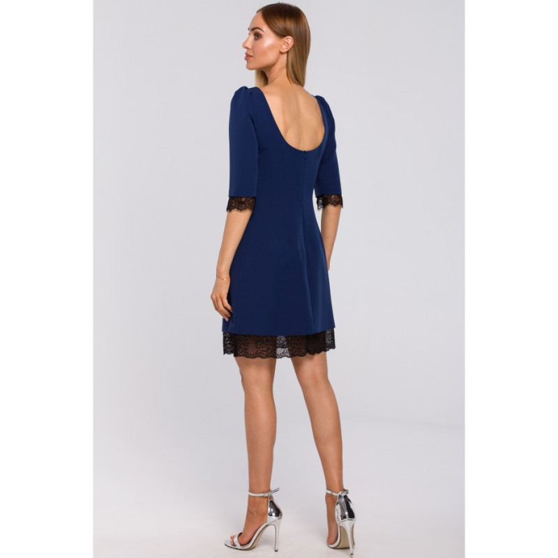 M489 Sukienka z dekoltem na plecach i koronką - granatowa