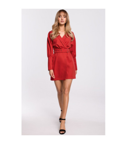 M501 Sukienka z bufiastymi rękawami i paskiem - czerwona