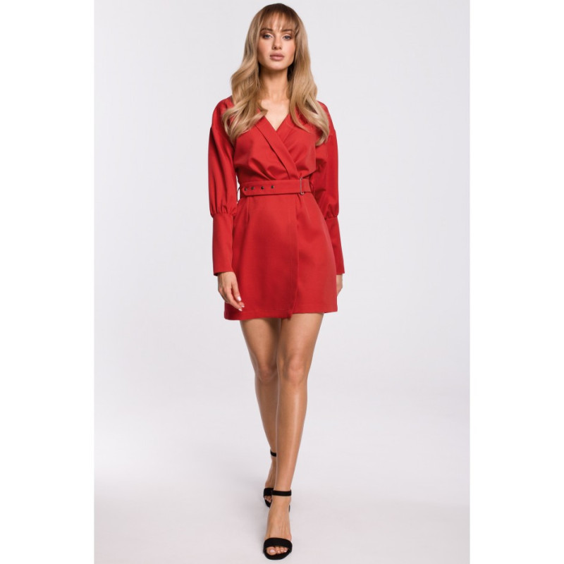 M501 Sukienka z bufiastymi rękawami i paskiem - czerwona