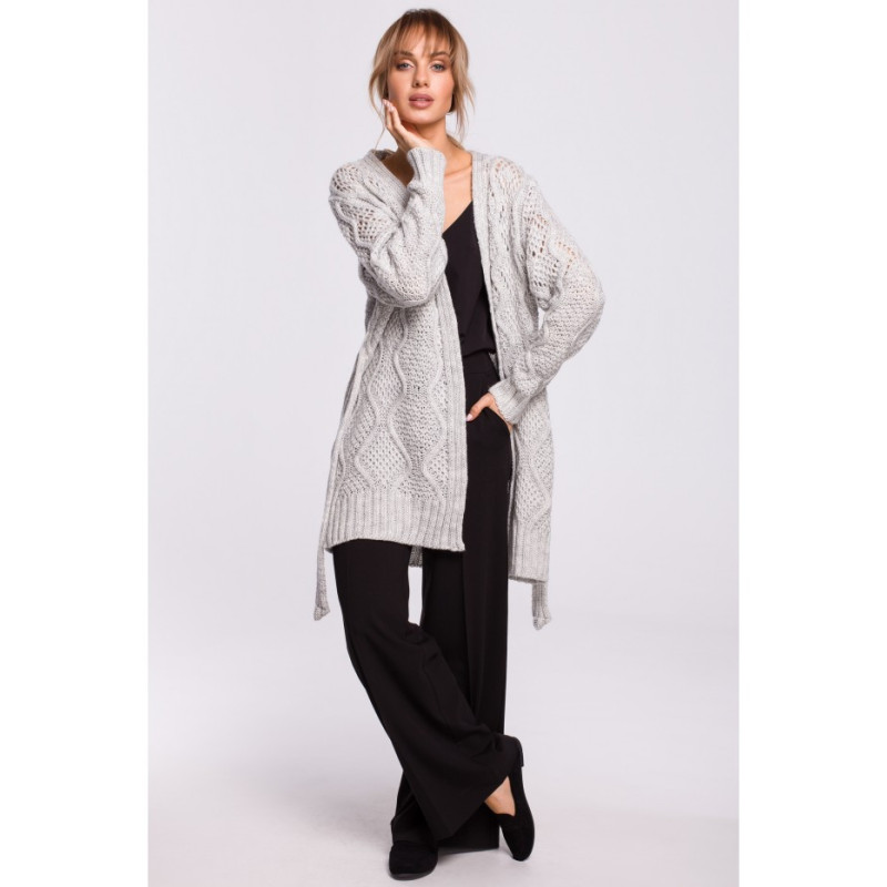 M512 Ażurowy kardigan z paskiem - szary