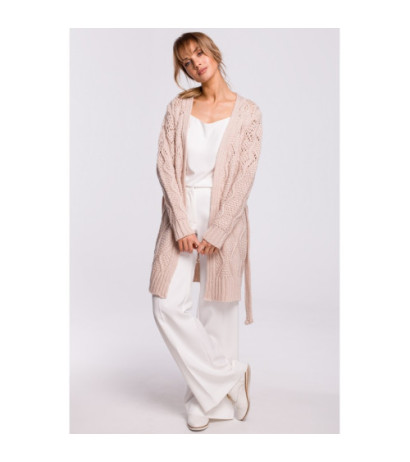 M512 Ażurowy kardigan z paskiem - pudrowy