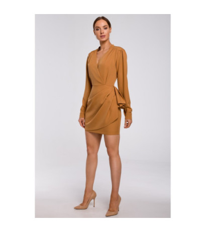 M531 Sukienka mini z falbaną na boku - cynamonowa