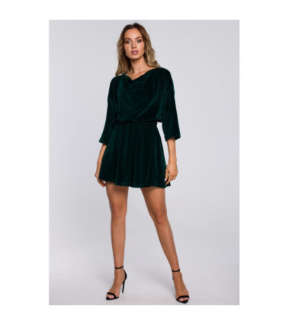 M564 Welurowa Sukienka Rozkloszowana Z Gumą W Pasie - zielona
