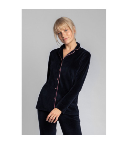 LA007 Welurowa koszula od piżamy z kołnierzykiem - granatowa