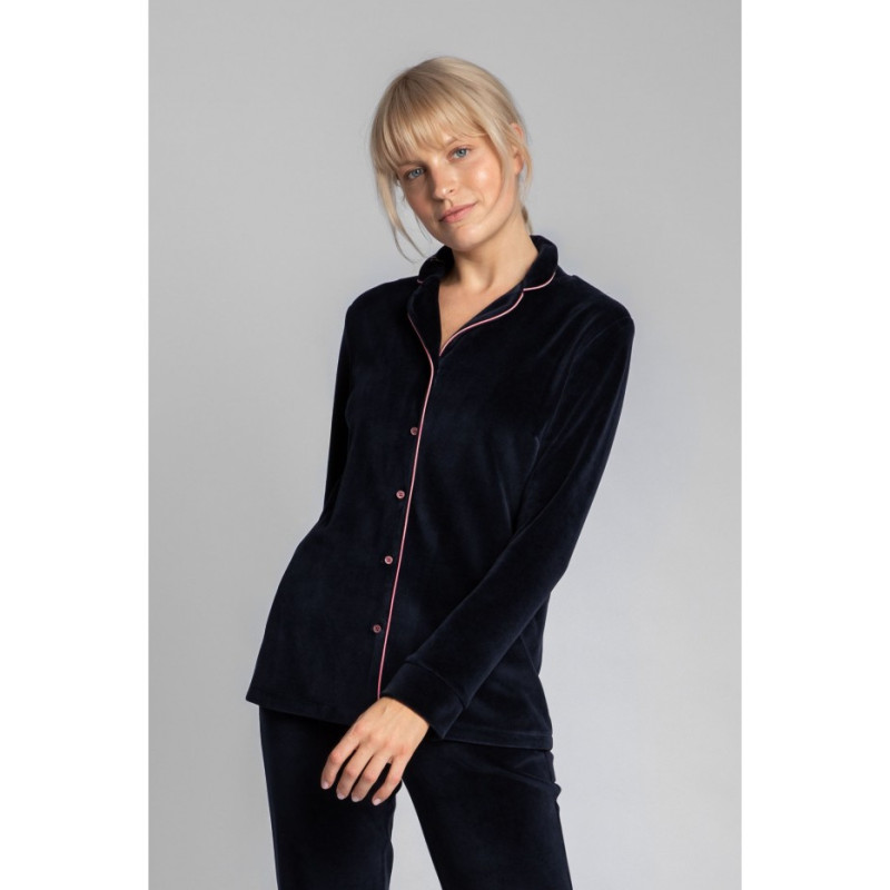 LA007 Welurowa koszula od piżamy z kołnierzykiem - granatowa