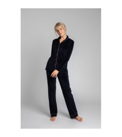 LA007 Welurowa koszula od piżamy z kołnierzykiem - granatowa