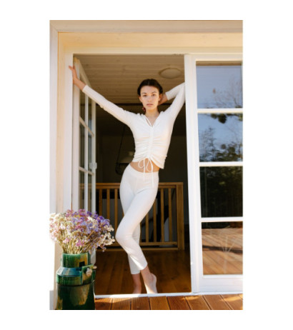 LA035 Bawełniane legginsy z dzianiny prążkowanej - ecru