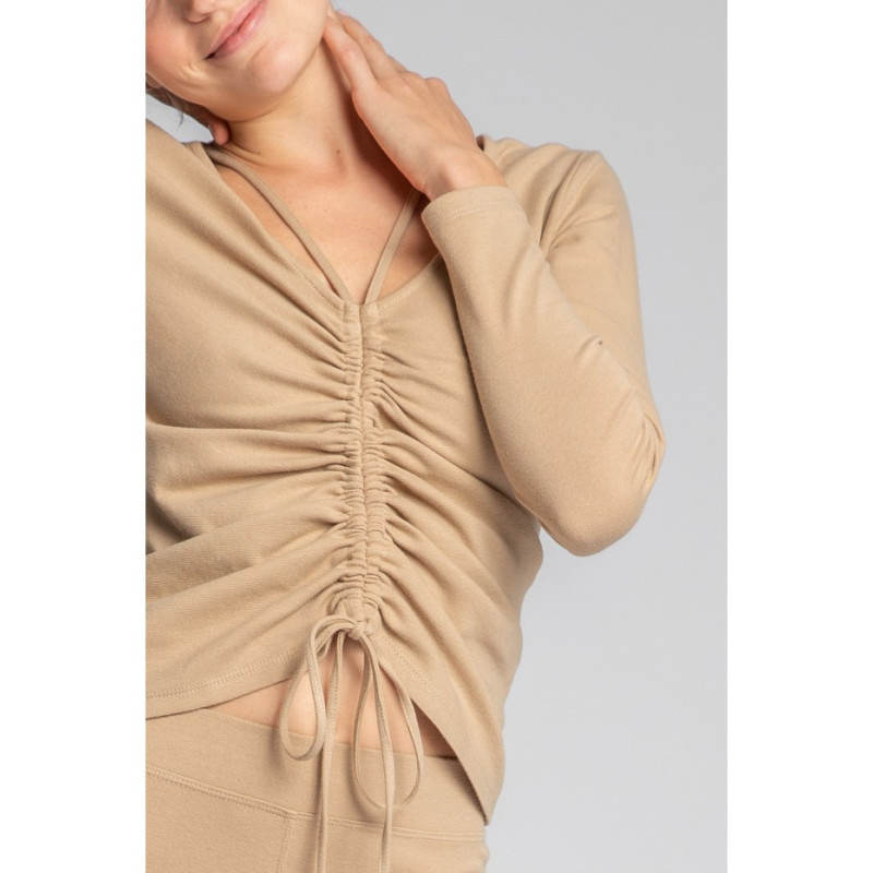 LA038 Bawełniana bluzka z dzianiny prążkowanej - cappuccino