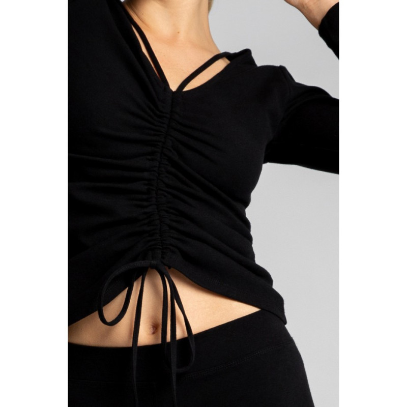 LA038 Bawełniana bluzka z dzianiny prążkowanej - czarna