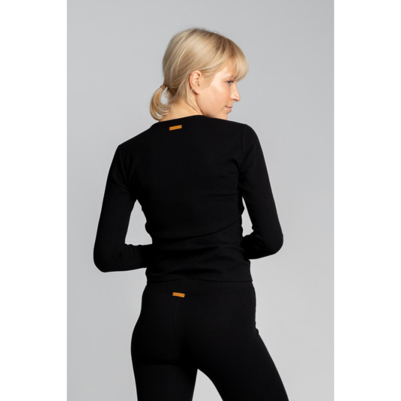 LA038 Bawełniana bluzka z dzianiny prążkowanej - czarna