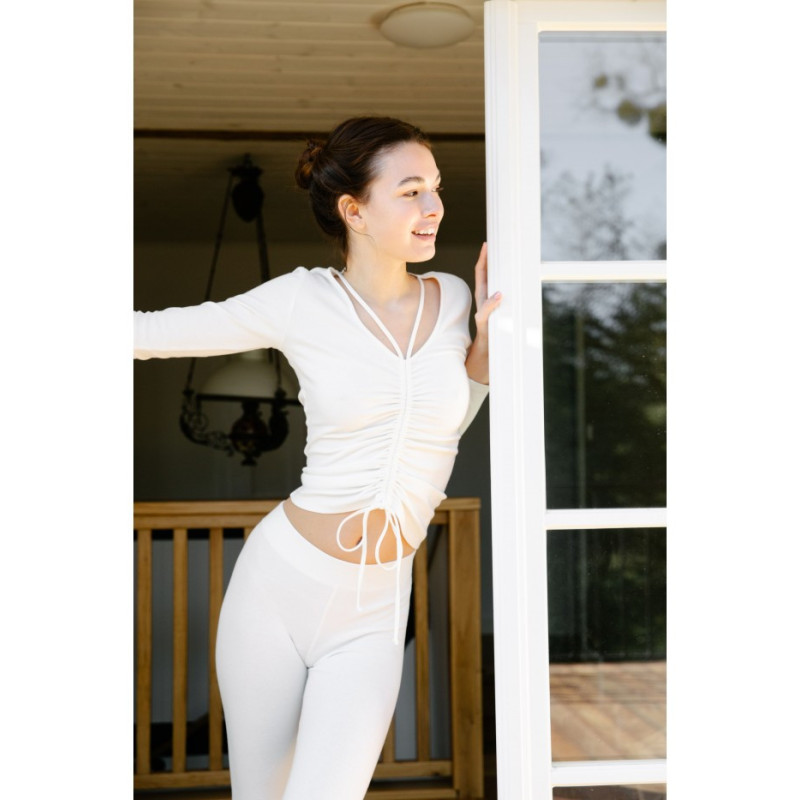 LA038 Bawełniana bluzka z dzianiny prążkowanej - ecru