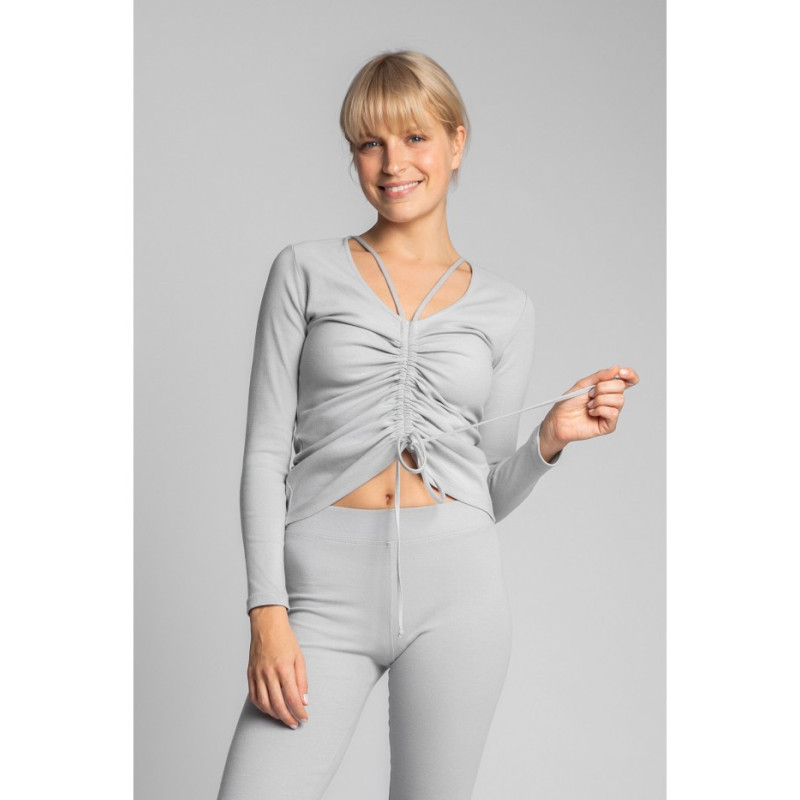 LA038 Bawełniana bluzka z dzianiny prążkowanej - popielata