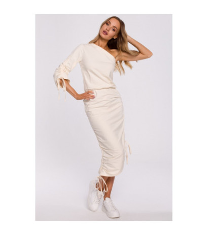 M580 Sukienka Na Jedno Ramię - śmietankowa