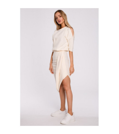 M589 Sukienka Z Wycięciami Na Ramionach - śmietankowa