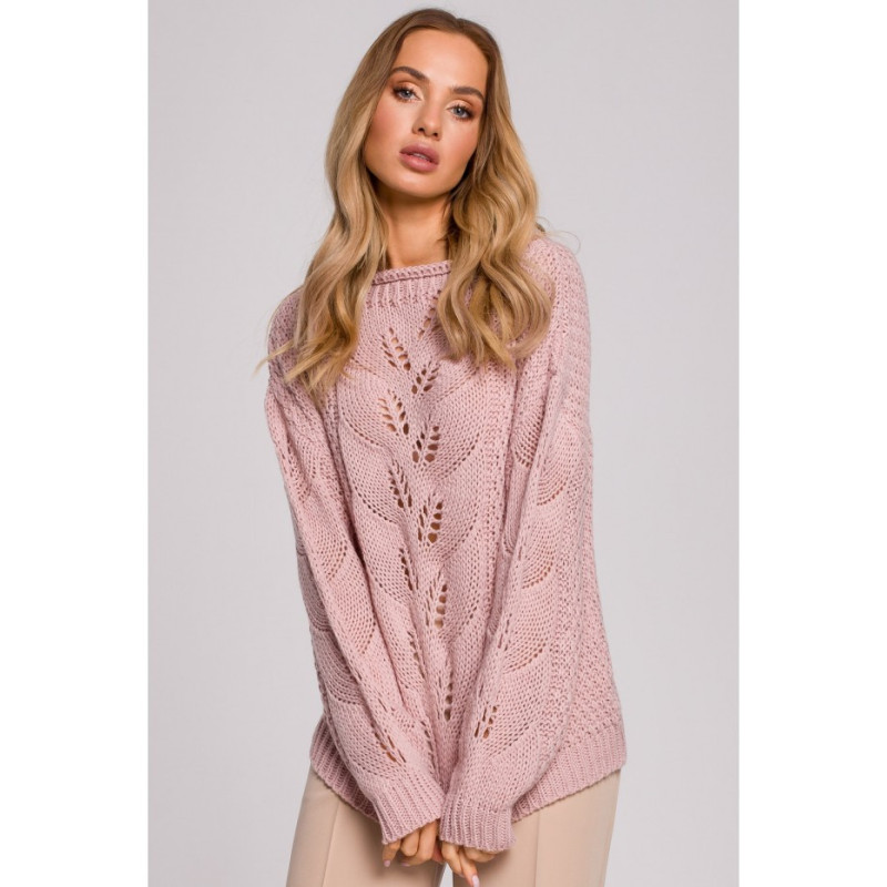 M600 Sweter Z Ażurowym Wzorem - pudrowy