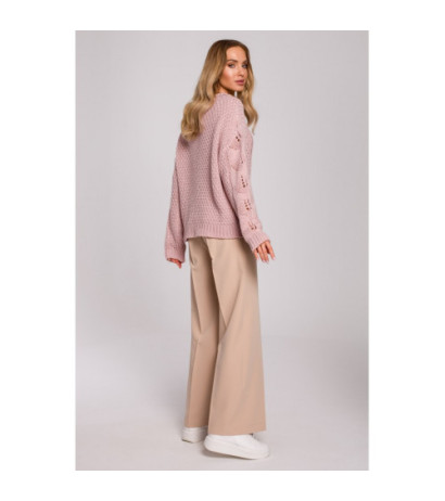 M600 Sweter Z Ażurowym Wzorem - pudrowy