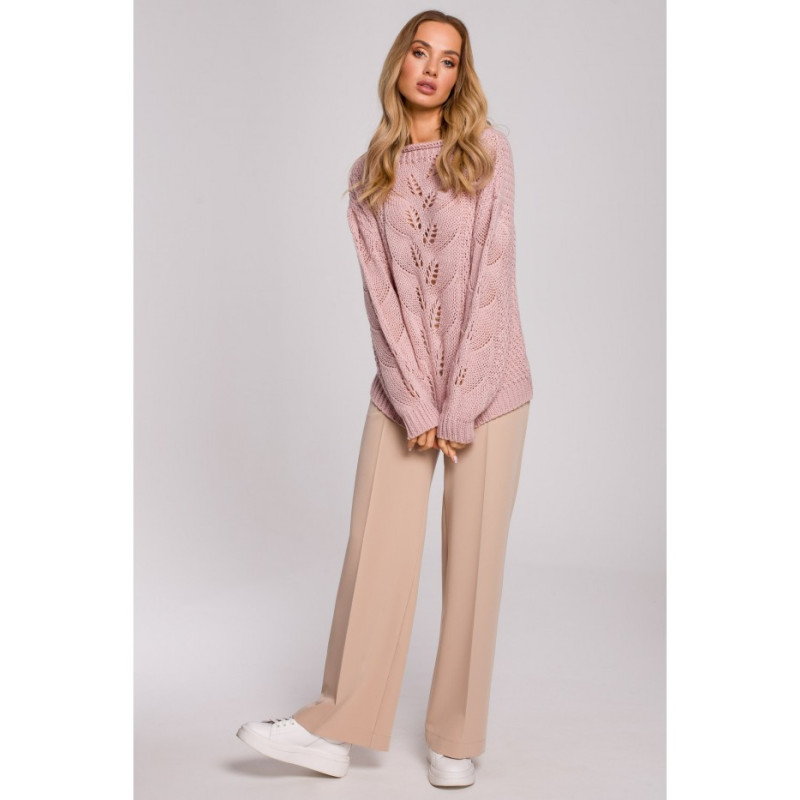 M600 Sweter Z Ażurowym Wzorem - pudrowy