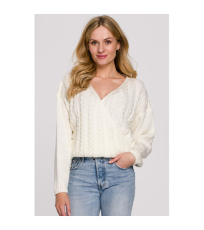 K105 Sweter krótki na zakładkę - ecru