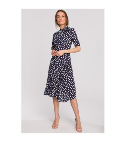 S263 Sukienka ze stójką i falbaną na dole - granatowa