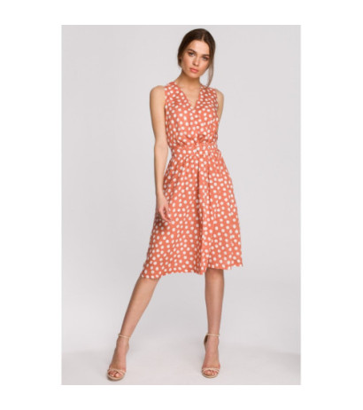 S264 Sukienka bez rękawów z paskiem - łososiowa