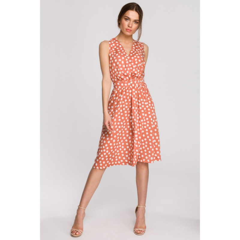 S264 Sukienka bez rękawów z paskiem - łososiowa