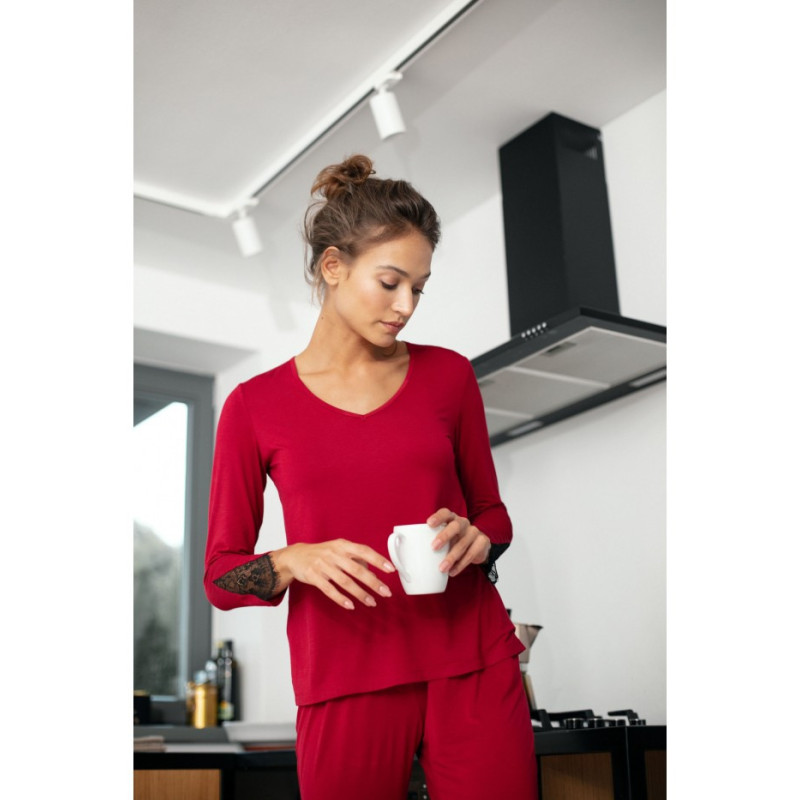 LA072 Bluzka do spania z koronką - bordowa