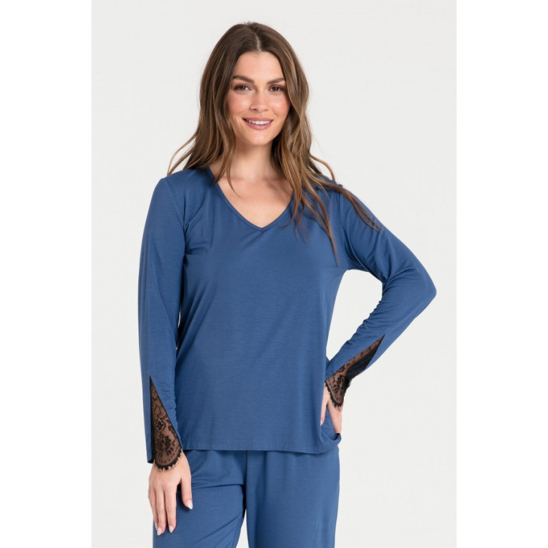 LA072 Bluzka do spania z koronką - niebieska