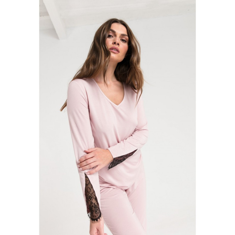 LA072 Bluzka do spania z koronką - różowa