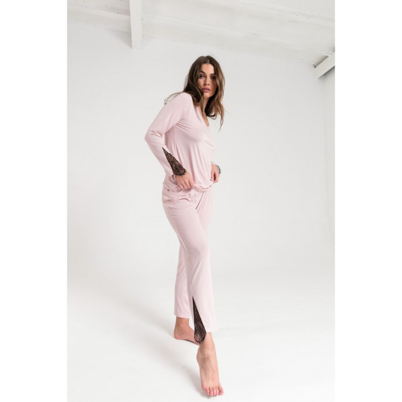 LA073 Spodnie do spania z koronką - różowe