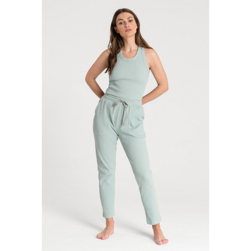 LA075 Spodnie z dzianiny wafelek - szałwia